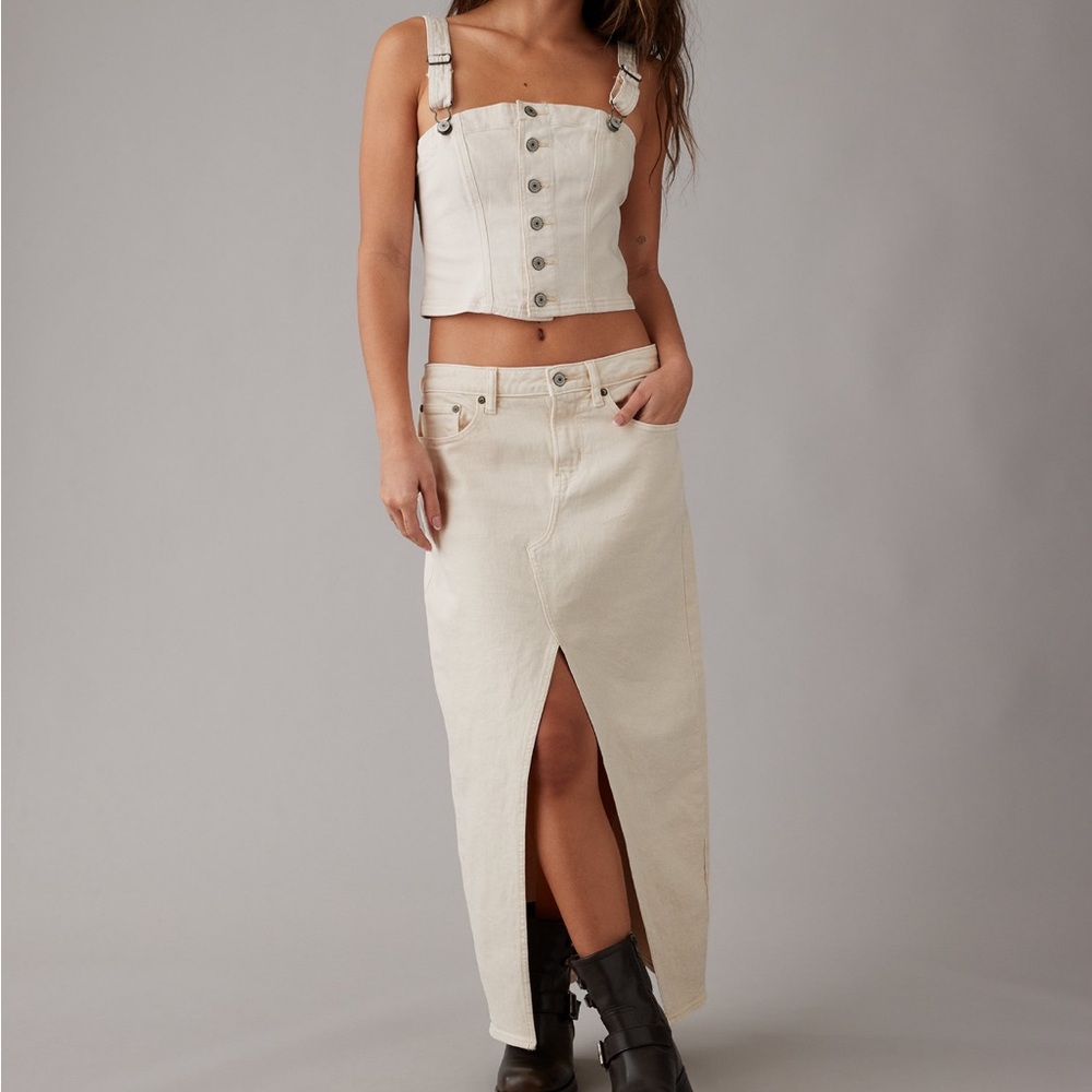 Cream Denim Maxi Skirt with Front Slit